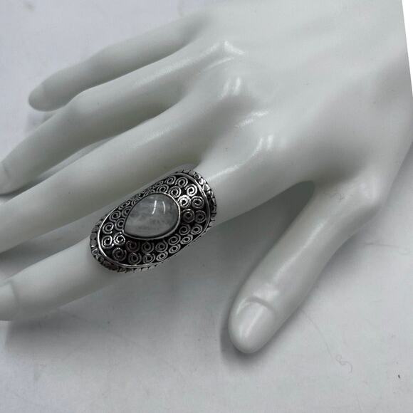 Sterling Silver Teardrop Moonstone Swirl Scrolls Bali Detail Long Ring Sz 7.5 - Picture 1 of 16
